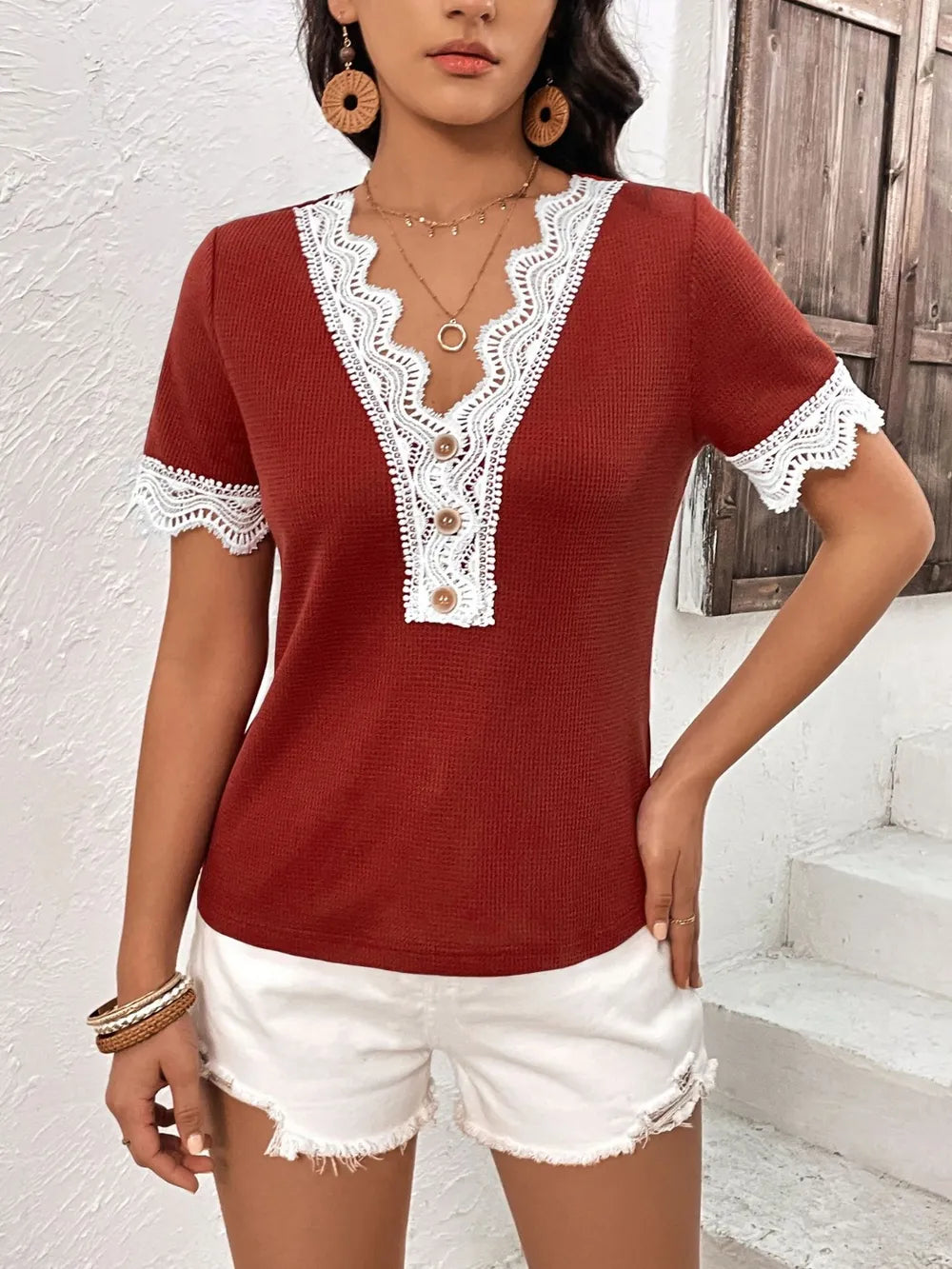 IVY LANE LACE DETAIL V-NECK SHORT SLEEVE T-SHIRT