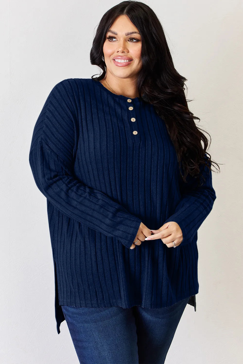 BASIC BAE FULL SIZE RIBBED HALF BUTTON LONG SLEEVE HIGH-LOW T-SHIRT