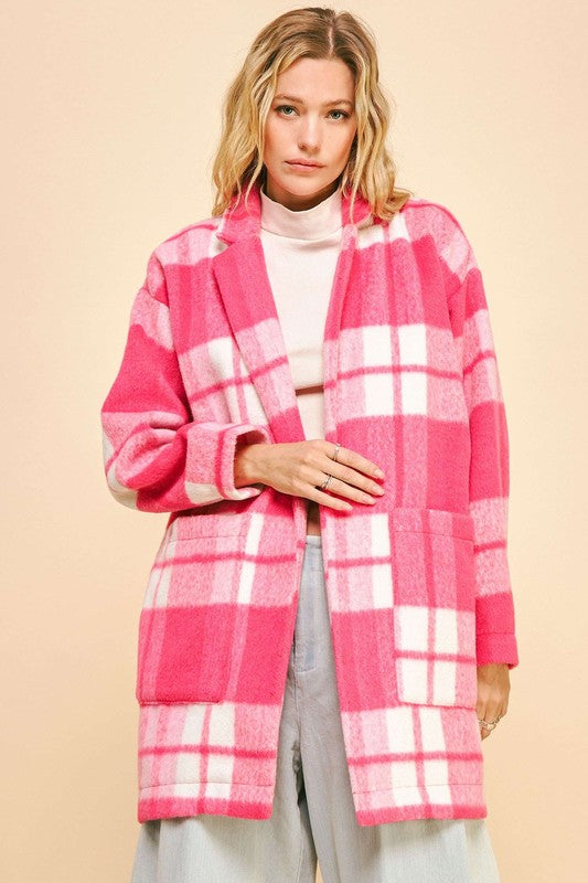 DAVI & DANI PLAID OPEN FRONT DROP SHOULDER LONGLINE COAT-Thriftique Marketplace