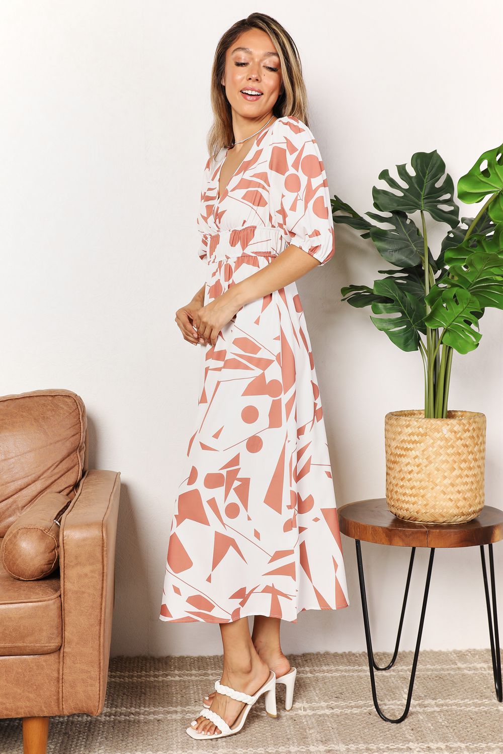 PRINTED SURPLICE BALLOON SLEEVE DRESS