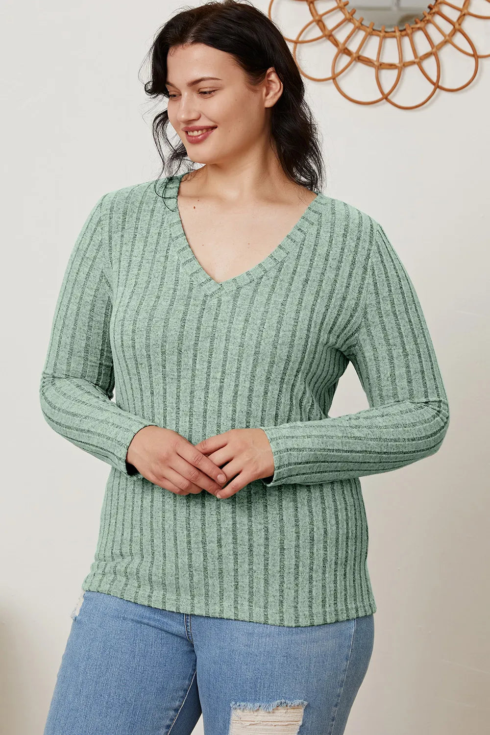 BASIC BAE FULL SIZE RIBBED V-NECK LONG SLEEVE T-SHIRT