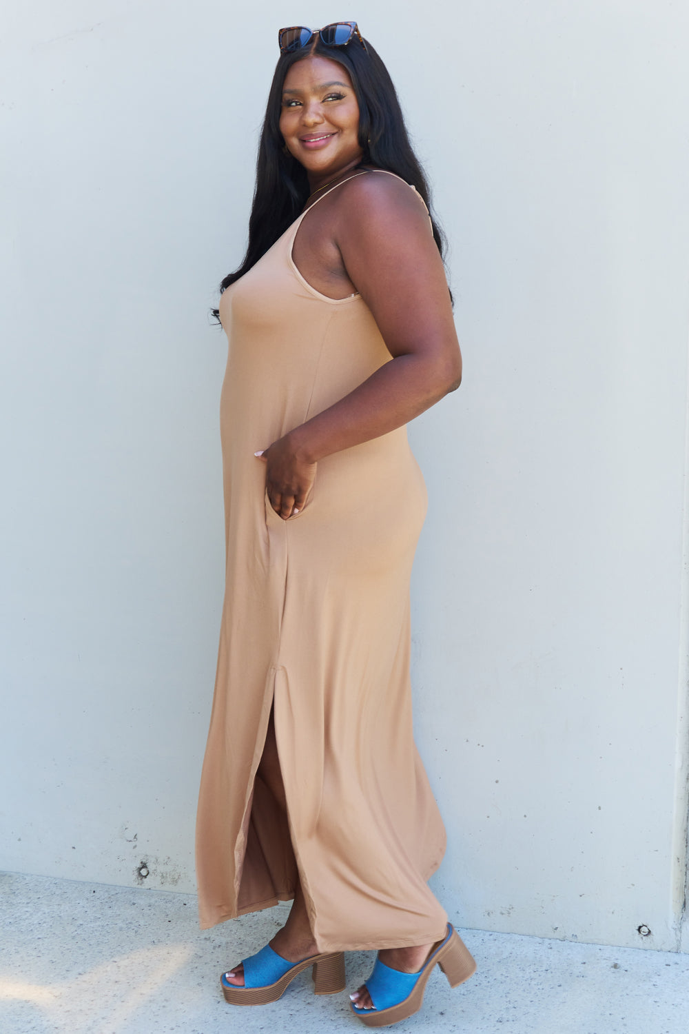 NINEXIS GOOD ENERGY FULL SIZE CAMI SIDE SLIT MAXI DRESS IN CAMEL