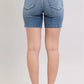 JUDY BLUE BUTTON FLY MID LENGTH DENIM SHORTS W/ DESTROY