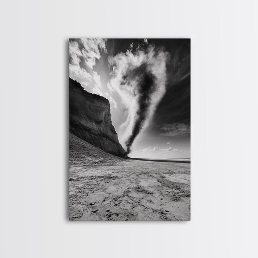 TORNADO BEACH SCENE, STORMY SKIES, BLACK AND WHITE DRAMA, NATURE PHOTOGRAPHY, FRAMED CANVAS PRINT, OFFICE WALL ART, MOODY MINIMALIST DECOR