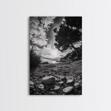SUNSET BEACH VIEW, WIDE ANGLE PERSPECTIVE, NATURE SHORELINE, MONOCHROME LANDSCAPE, FRAMED CANVAS PRINT, HALLWAY WALL ART, BEACH DECOR