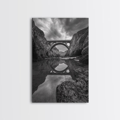 STONE BRIDGE, REFLECTIONS, RIVER ARCHWAY, NATURE DRAMA, FRAMED CANVAS PRINT, LANDSCAPE WALL ART, MONOCHROME PHOTOGRAPHY, ENTRYWAY ART