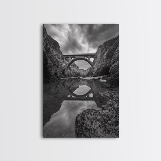 STONE BRIDGE, REFLECTIONS, RIVER ARCHWAY, NATURE DRAMA, FRAMED CANVAS PRINT, LANDSCAPE WALL ART, MONOCHROME PHOTOGRAPHY, ENTRYWAY ART