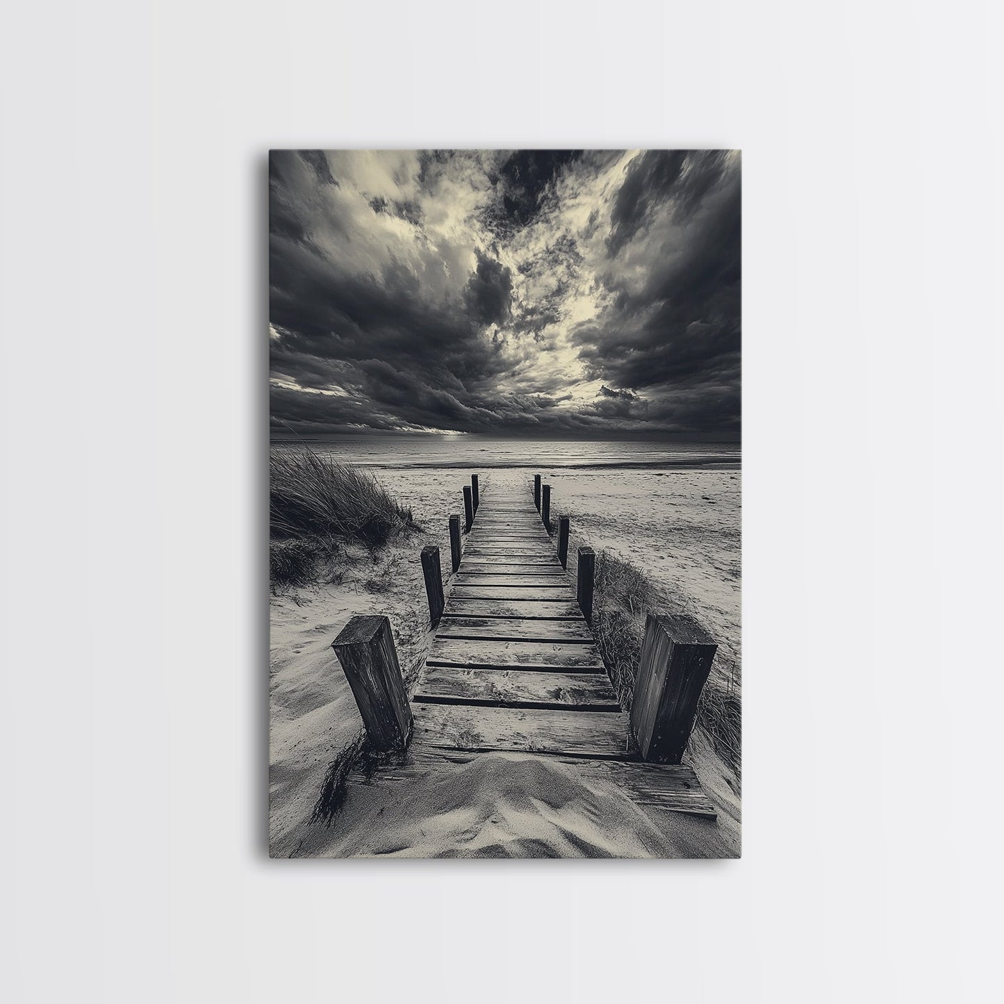 STORMY BEACH DOCK, DRAMATIC SKIES, COASTAL MOOD, FRAMED CANVAS PRINT, FALL WALL ART, ENTRYWAY DECOR, MOODY SEASCAPE, RUSTIC COASTAL HOME