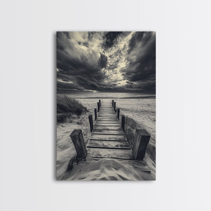 STORMY BEACH DOCK, DRAMATIC SKIES, COASTAL MOOD, FRAMED CANVAS PRINT, FALL WALL ART, ENTRYWAY DECOR, MOODY SEASCAPE, RUSTIC COASTAL HOME