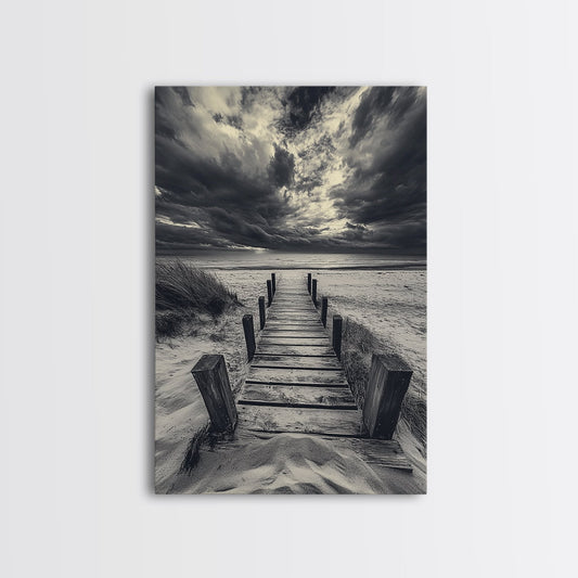 STORMY BEACH DOCK, DRAMATIC SKIES, COASTAL MOOD, FRAMED CANVAS PRINT, FALL WALL ART, ENTRYWAY DECOR, MOODY SEASCAPE, RUSTIC COASTAL HOME