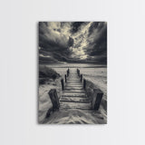 STORMY BEACH DOCK, DRAMATIC SKIES, COASTAL MOOD, FRAMED CANVAS PRINT, FALL WALL ART, ENTRYWAY DECOR, MOODY SEASCAPE, RUSTIC COASTAL HOME
