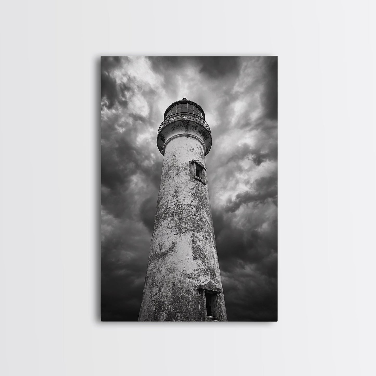 STORMY LIGHTHOUSE CLOSEUP, DRAMATIC SKIES, WEATHERED BEACON, CANVAS PRINT, COASTAL DECOR, DARK NAUTICAL WALL ART, MOODY OCEAN THEME