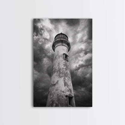 STORMY LIGHTHOUSE CLOSEUP, DRAMATIC SKIES, WEATHERED BEACON, CANVAS PRINT, COASTAL DECOR, DARK NAUTICAL WALL ART, MOODY OCEAN THEME