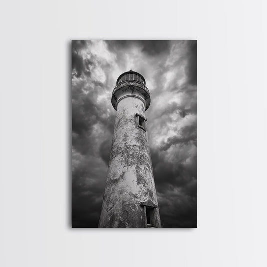 STORMY LIGHTHOUSE CLOSEUP, DRAMATIC SKIES, WEATHERED BEACON, CANVAS PRINT, COASTAL DECOR, DARK NAUTICAL WALL ART, MOODY OCEAN THEME