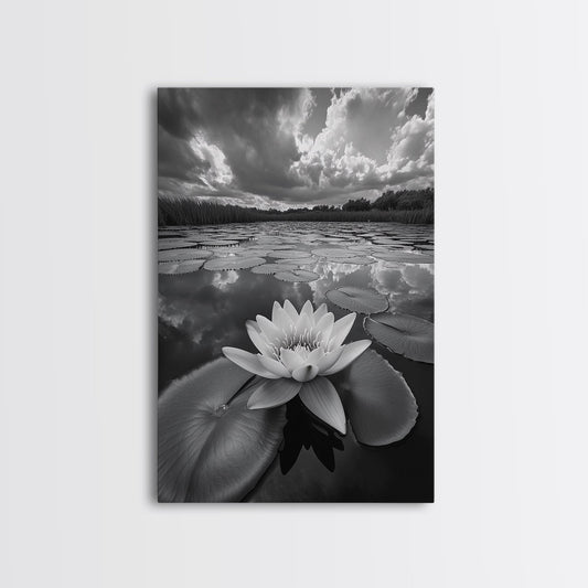 TRANQUIL LOTUS, CLOUD REFLECTIONS, WATER LILY POND, FRAMED CANVAS PRINT, ZEN WALL ART, SPA BATHROOM DECOR, MODERN NATURE PHOTOGRAPHY