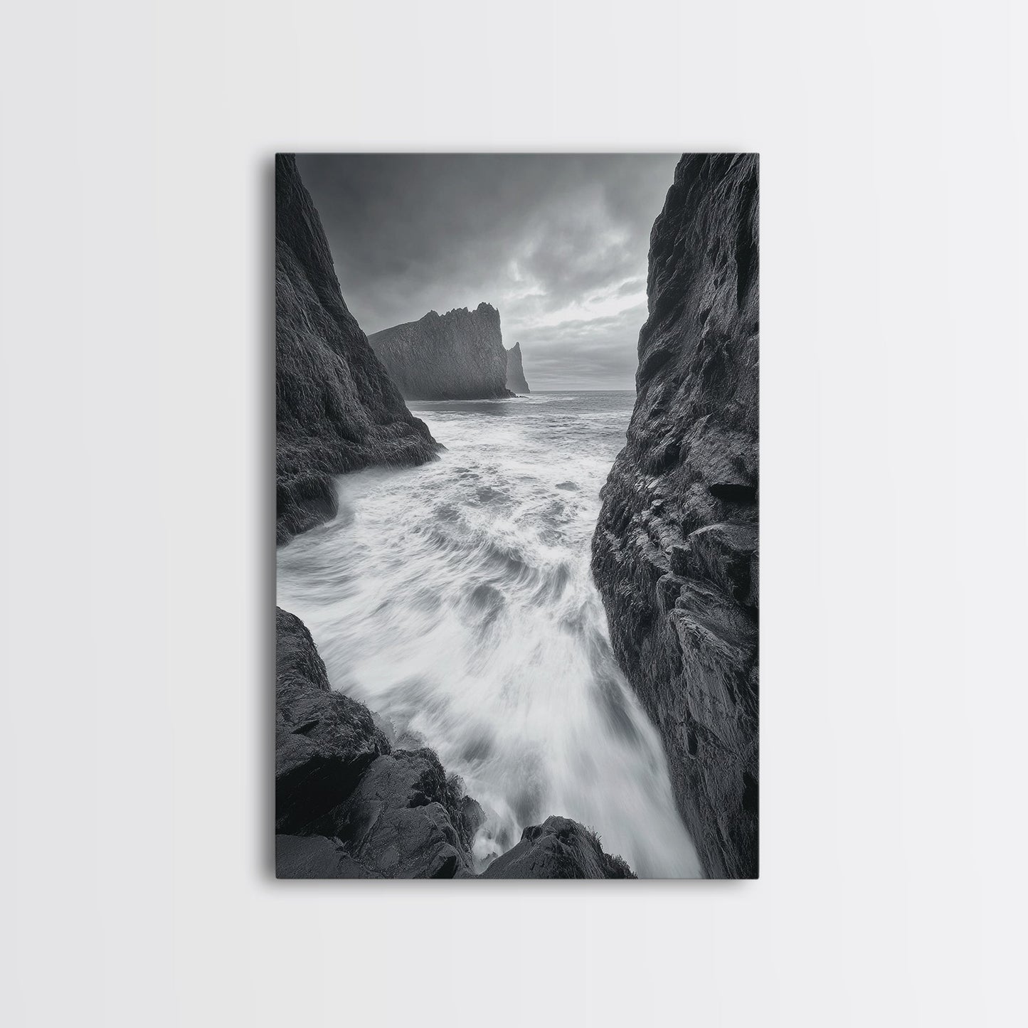 STORMY COAST, CRASHING WAVES, OCEAN DRAMA, FRAMED CANVAS PRINT, LIVING ROOM WALL ART, BOLD SEASCAPE PHOTOGRAPHY, MONOCHROME MODERN ART
