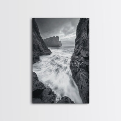 STORMY COAST, CRASHING WAVES, OCEAN DRAMA, FRAMED CANVAS PRINT, LIVING ROOM WALL ART, BOLD SEASCAPE PHOTOGRAPHY, MONOCHROME MODERN ART