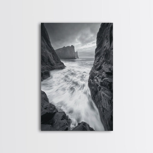 STORMY COAST, CRASHING WAVES, OCEAN DRAMA, FRAMED CANVAS PRINT, LIVING ROOM WALL ART, BOLD SEASCAPE PHOTOGRAPHY, MONOCHROME MODERN ART