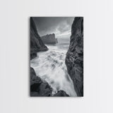STORMY COAST, CRASHING WAVES, OCEAN DRAMA, FRAMED CANVAS PRINT, LIVING ROOM WALL ART, BOLD SEASCAPE PHOTOGRAPHY, MONOCHROME MODERN ART