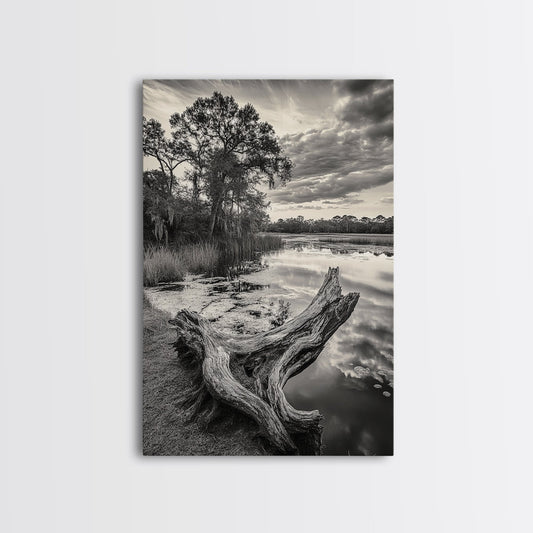 TRANQUIL MARSH, TREE REFLECTION, WILD BEAUTY, STILL WATER, FRAMED CANVAS PRINT, NEUTRAL WALL ART, COTTAGECORE DECOR, NATURE PHOTOGRAPHY