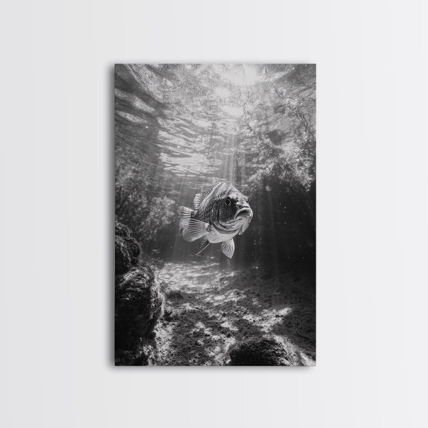 SUNLIT FISH, OCEAN RAYS, UNDERWATER WONDER, TRANQUIL SEA LIFE, FRAMED CANVAS PRINT, KIDS ROOM DECOR, COASTAL ART, NAUTICAL HOME STYLE