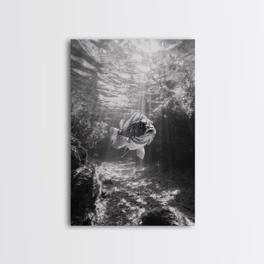 SUNLIT FISH, OCEAN RAYS, UNDERWATER WONDER, TRANQUIL SEA LIFE, FRAMED CANVAS PRINT, KIDS ROOM DECOR, COASTAL ART, NAUTICAL HOME STYLE