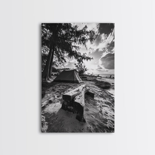 TENT, BEACH, SUNSET, TREES - RUSTIC CAMPING COASTAL ESCAPE VIBE, FRAMED CANVAS PRINT, IDEAL BEDROOM OR ADVENTURE NURSERY DECOR, OUTDOOR ART