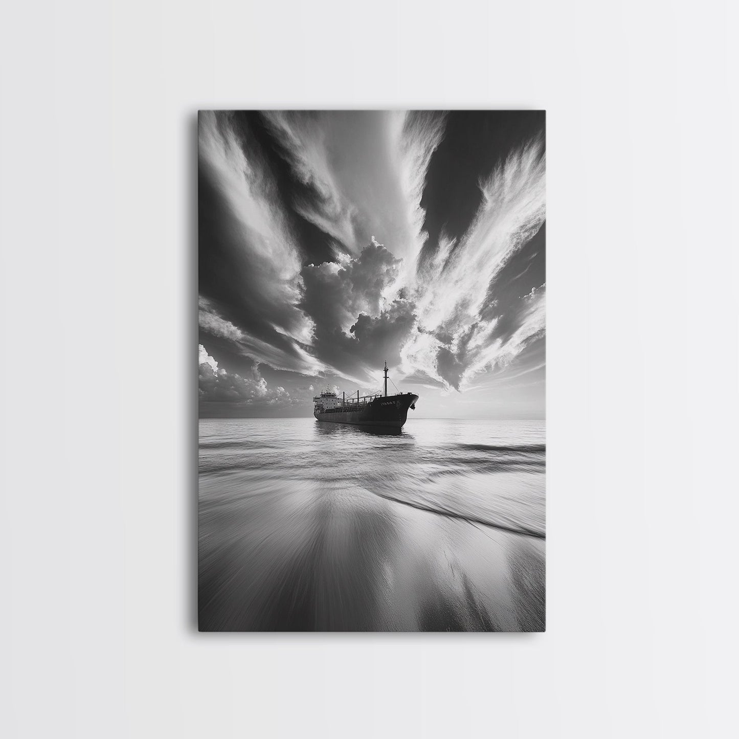 STORMY SKY SHIP, DRAMATIC SEASCAPE, BLACK WHITE PHOTOGRAPHY, OCEAN NAUTICAL DECOR, FRAMED CANVAS PRINT, COASTAL WALL ART, MOODY MINIMALIST