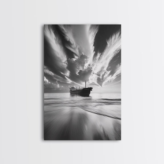 STORMY SKY SHIP, DRAMATIC SEASCAPE, BLACK WHITE PHOTOGRAPHY, OCEAN NAUTICAL DECOR, FRAMED CANVAS PRINT, COASTAL WALL ART, MOODY MINIMALIST