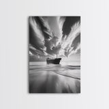 STORMY SKY SHIP, DRAMATIC SEASCAPE, BLACK WHITE PHOTOGRAPHY, OCEAN NAUTICAL DECOR, FRAMED CANVAS PRINT, COASTAL WALL ART, MOODY MINIMALIST