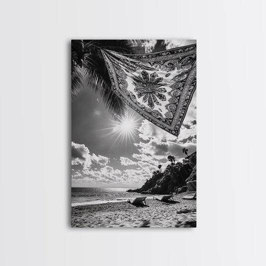 SUNLIT BEACH, BOHO TAPESTRY, RELAXED SEASIDE, CANVAS PRINT, TROPICAL WALL ART, VACATION HOME DECOR, MODERN BOHO VIBES, BEACH HOUSE WALL DECOR