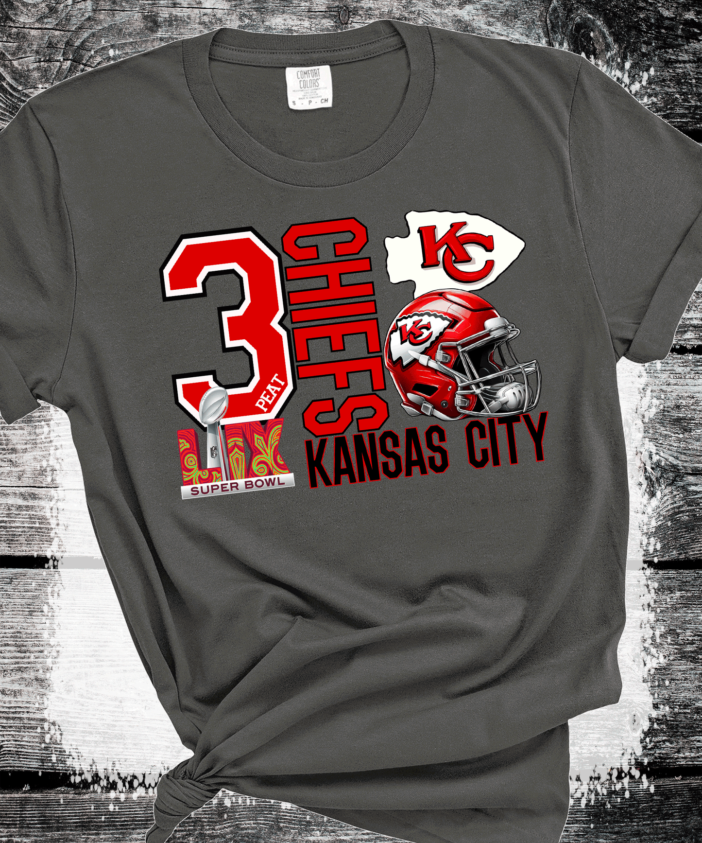 SUPER BOWL 3PEAT KINGDOM KANSAS CITY FOOTBALL CHIEFS T-SHIRT, THREE-PEAT FOOTBALL TEE, GAME DAY SHIRT GIFT COMFORT COLORS OVERSIZED LOOK (COPY)