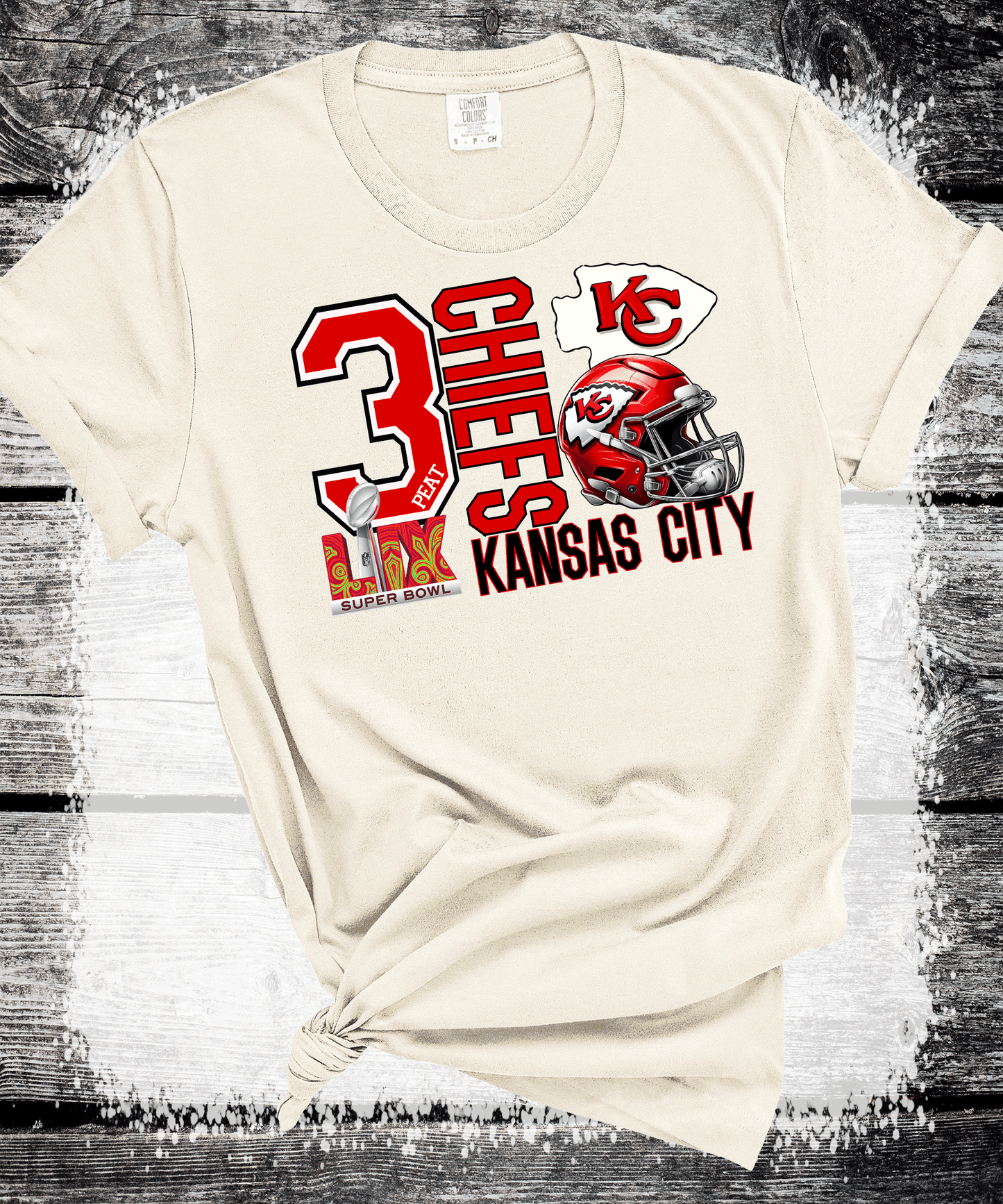 SUPER BOWL 3PEAT KINGDOM KANSAS CITY FOOTBALL CHIEFS T-SHIRT, THREE-PEAT FOOTBALL TEE, GAME DAY SHIRT GIFT COMFORT COLORS OVERSIZED LOOK (COPY)