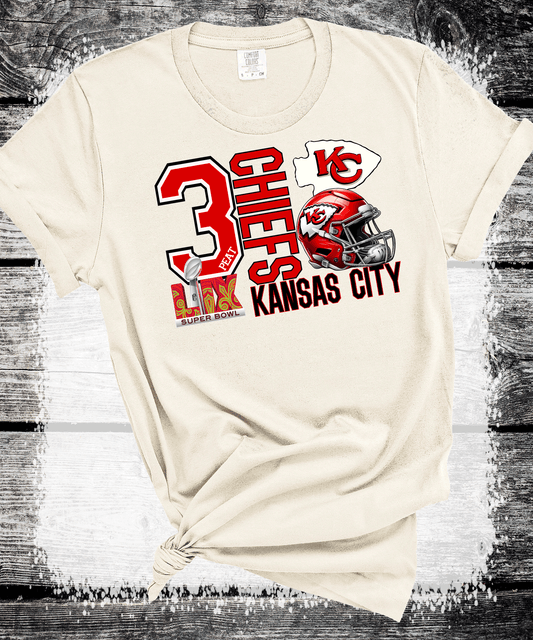 SUPER BOWL 3PEAT KINGDOM KANSAS CITY FOOTBALL CHIEFS T-SHIRT, THREE-PEAT FOOTBALL TEE, GAME DAY SHIRT GIFT COMFORT COLORS OVERSIZED LOOK (COPY)