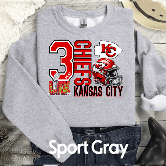 SUPER BOWL 3PEAT KINGDOM KANSAS CITY FOOTBALL CHIEFS T-SHIRT, THREE-PEAT FOOTBALL TEE, GAME DAY SHIRT GIFT COMFORT COLORS OVERSIZED LOOK (COPY)