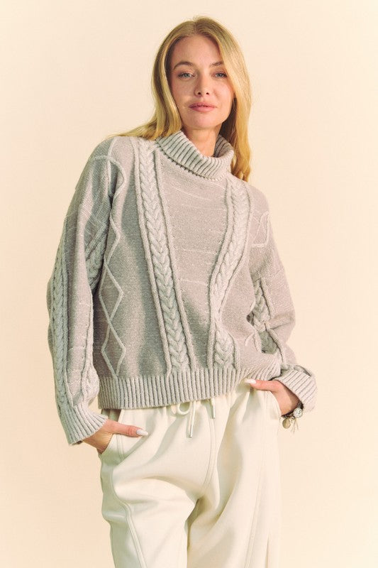 DAVI & DANI CABLE-KNIT TURTLENECK DROPPED SHOULDER SWEATER-Thriftique Marketplace