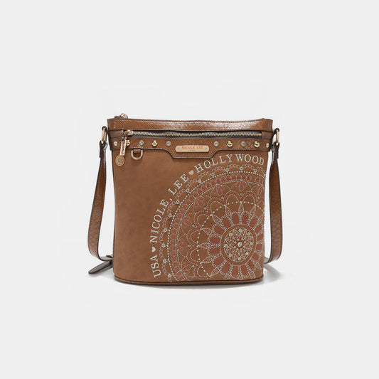 NICOLE LEE USA METALLIC STITCHING EMBROIDERY INLAID RHINESTONE CROSSBODY BAG