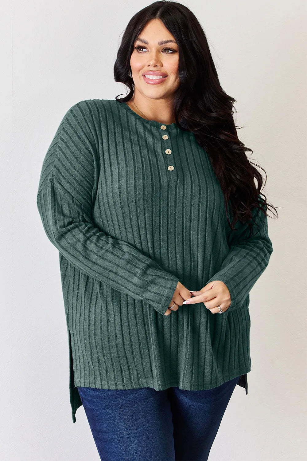 BASIC BAE FULL SIZE RIBBED HALF BUTTON LONG SLEEVE HIGH-LOW T-SHIRT