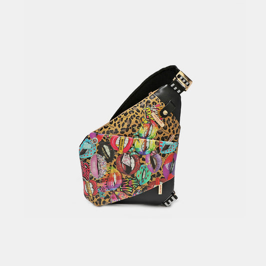 NICOLE LEE USA VEGAN LEATHER LEOPARD & LIP PATTERN CROSSBODY BAG