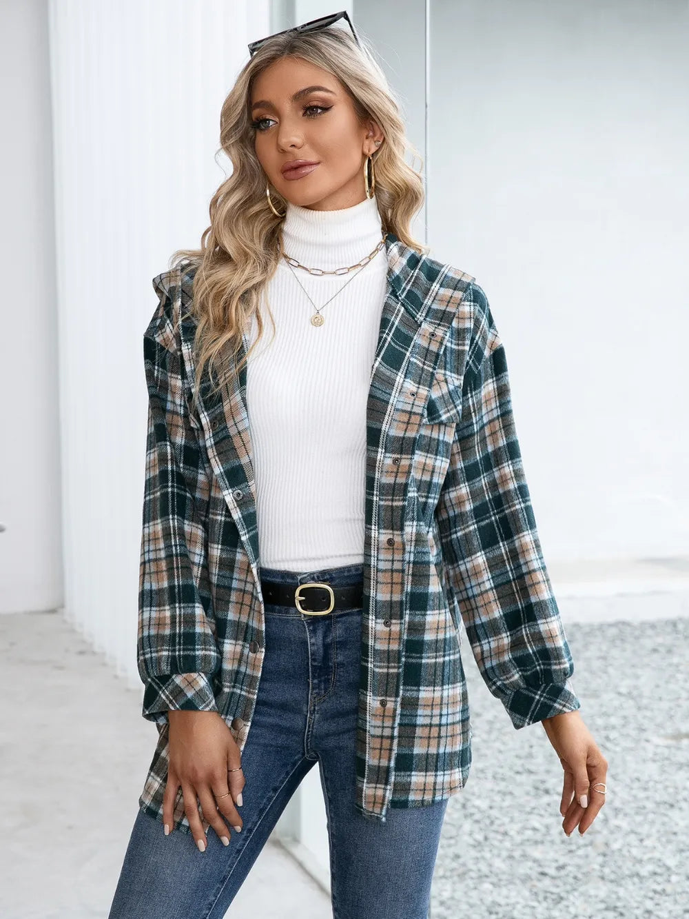 IVY LANE PLAID SNAP DOWN HOODED JACKET