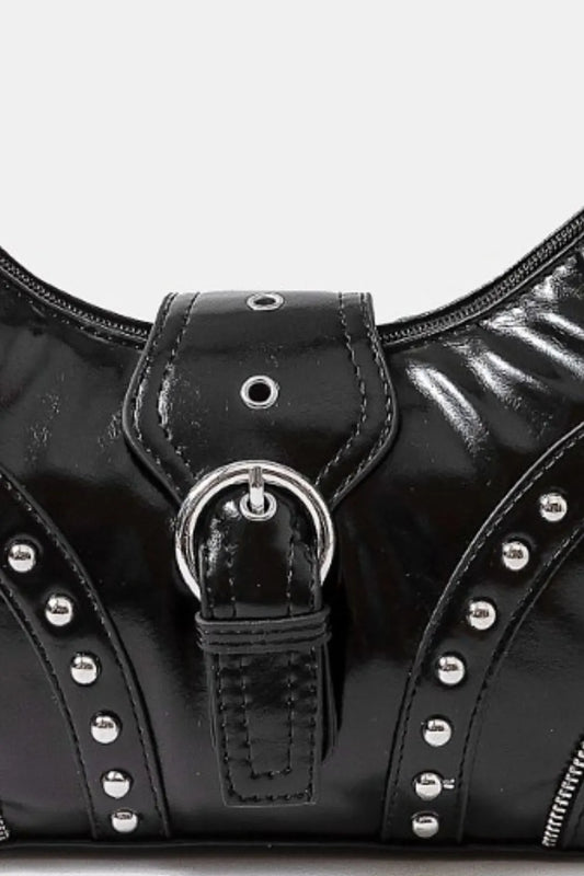 FAME FAUX LEATHER STUDDED TRIM SHOULDER BAG