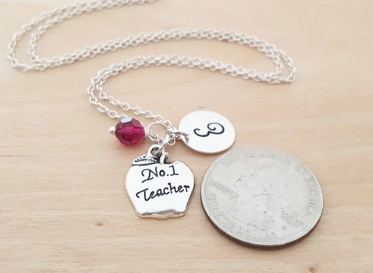 #1 TEACHER NECKLACE – STERLING SILVER CHAIN WITH BIRTHSTONE & INITIAL
