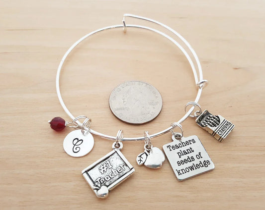#1 TEACHER BRACELET – ADJUSTABLE BANGLE WITH BIRTHSTONE & INITIAL