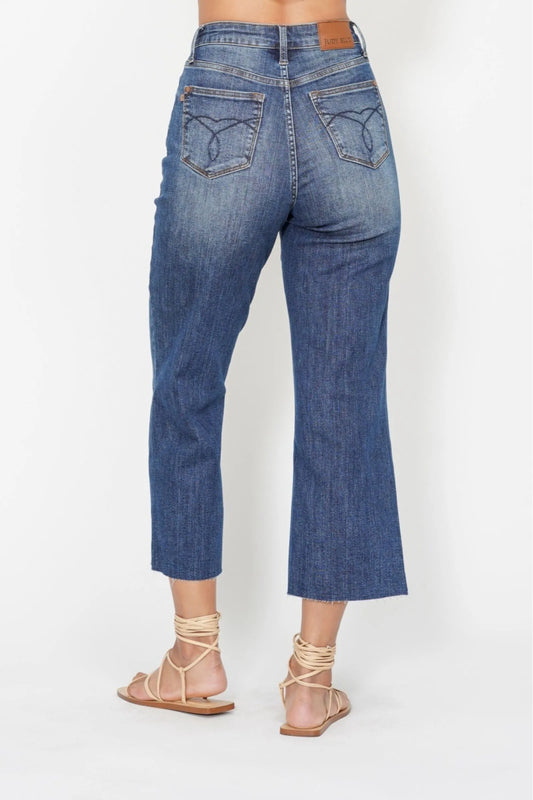JUDY BLUE HIGH WAIST BACK POCKET EMBROIDERY CROP WIDE JEANS