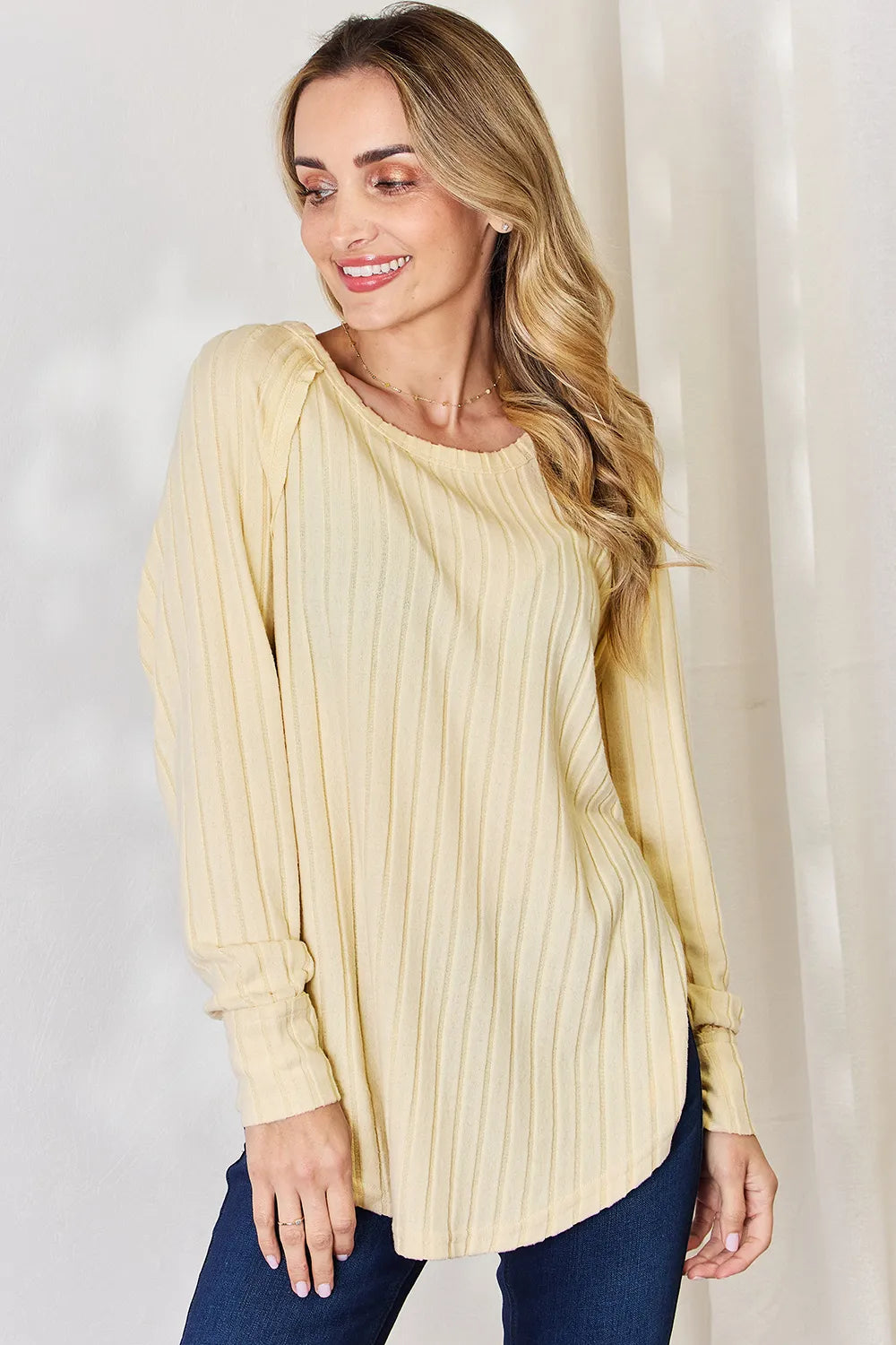 BASIC BAE FULL SIZE RIBBED ROUND NECK SLIT T-SHIRT