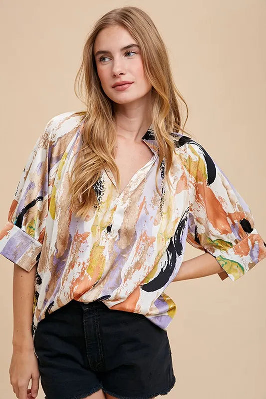 ANNIE WEAR MULTI COLOR PRINTED V-NECK OPEN WOVEN BLOUSE TOP