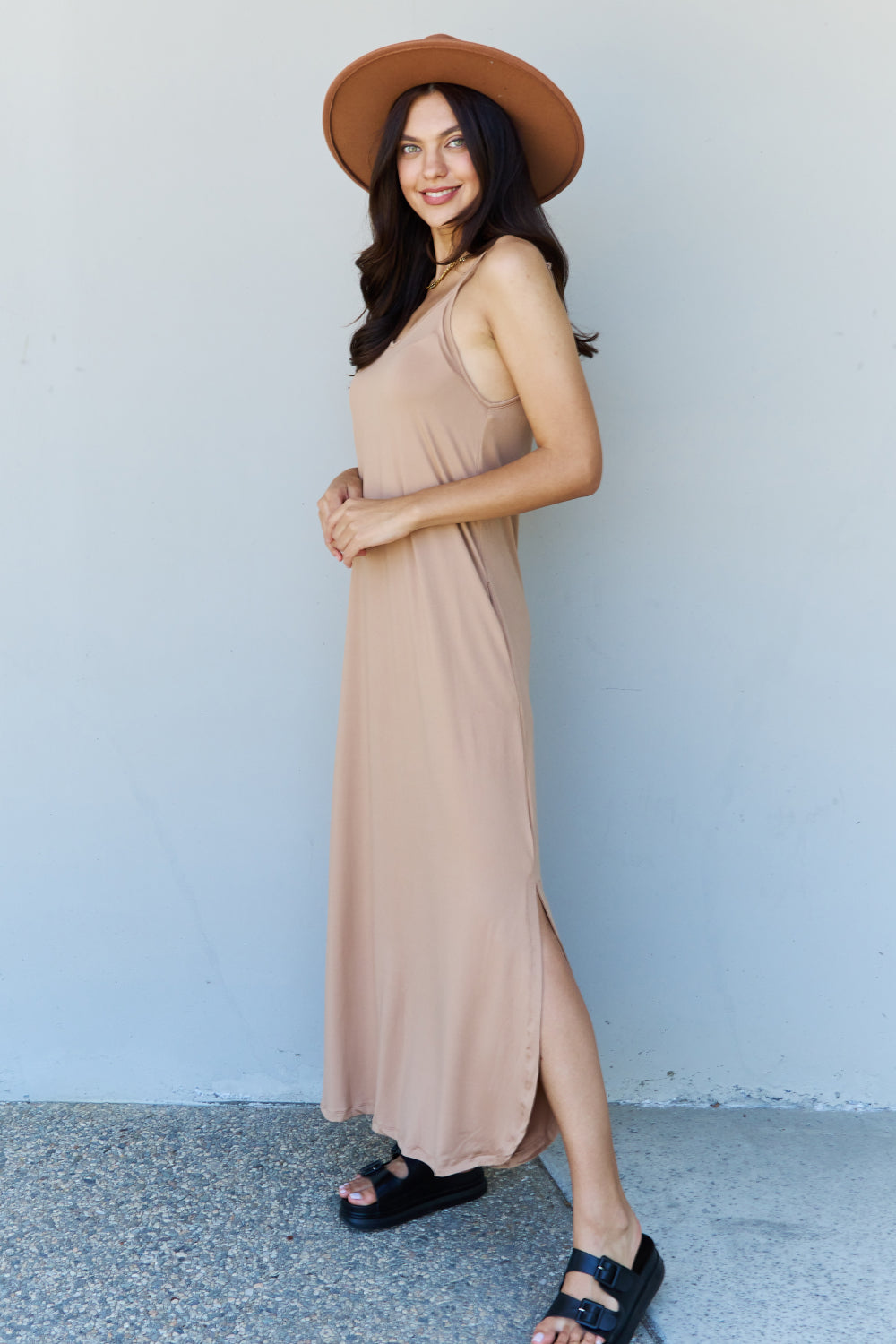 NINEXIS GOOD ENERGY FULL SIZE CAMI SIDE SLIT MAXI DRESS IN CAMEL