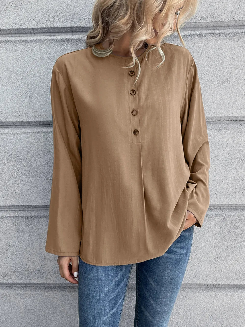 IVY LANE HALF BUTTON LONG SLEEVE BLOUSE