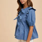 ANNIE WEAR STRIPE FRONT BOW DENIM PEPLUM BLOUSE