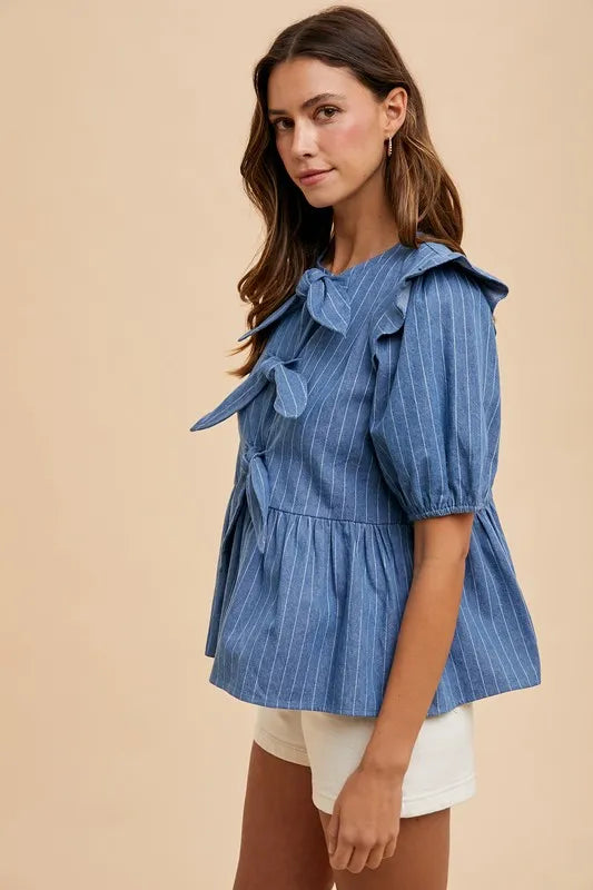 ANNIE WEAR STRIPE FRONT BOW DENIM PEPLUM BLOUSE